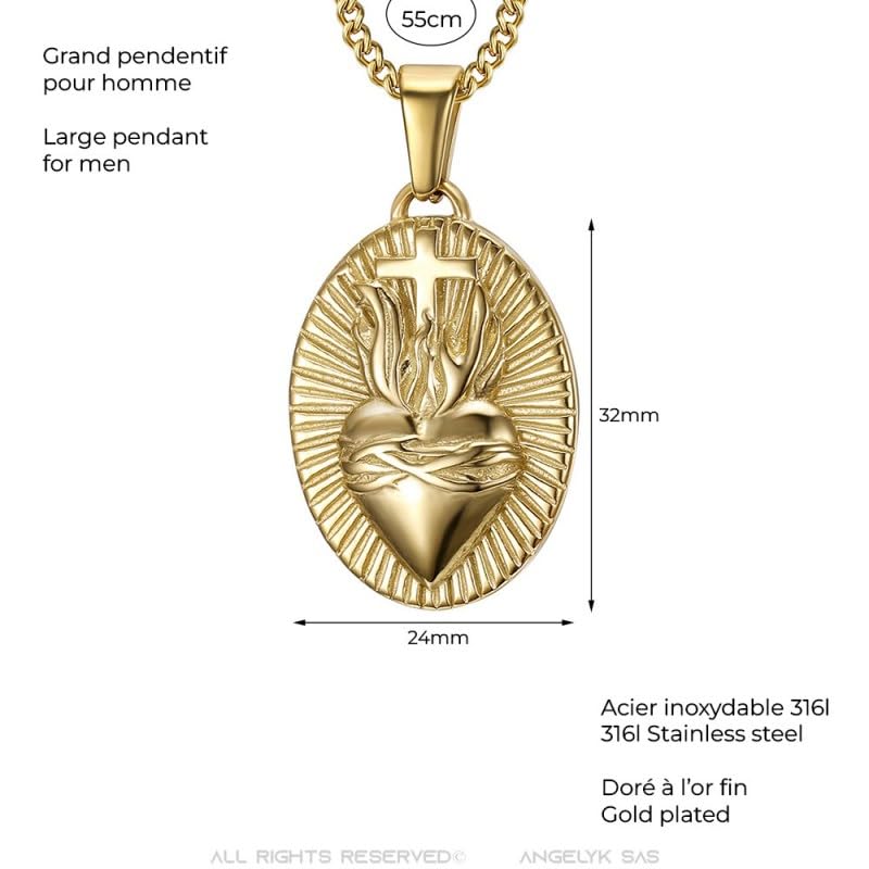 BOBIJOO Jewelry - Grand Pendentif du Sacré Coeur du Christ pour Homme 32x24mm Acier Inoxydable Or Chaîne 55cm