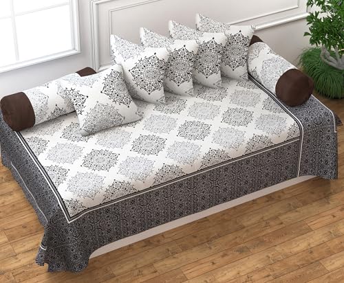 Image of FRESH FROM LOOM Cotton Reversible Diwan Set Coffee - 1 Single Bedsheet with 2 Bolster Covers and 5 Cushion Covers (8pc Set)
