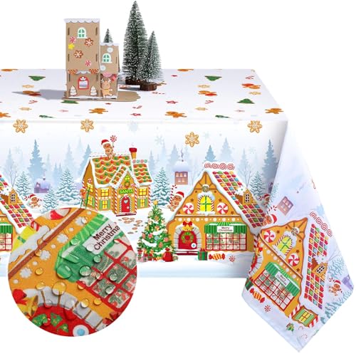 Tiamon 60 x 104 Inch Christmas Gingerbread Tablecloth Reusable Gingerbread Man Table Cover Polyester Christmas Tree Tablecloth Rectangle for Winter Xmas Holiday Dinner Decor Party Favors