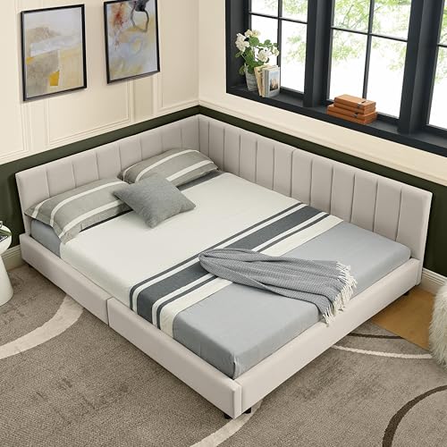 okwish Cama infantil de 160 x 200 cm, cama doble con respaldo alto, estructura de cama con diseño de terciopelo respetuoso con la piel, cama juvenil con marco de hierro, beige (sin colchón)
