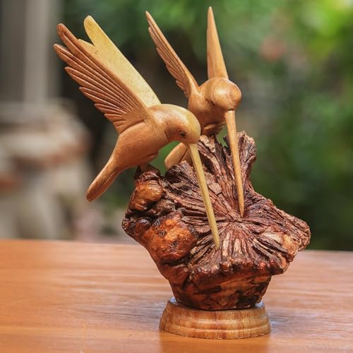 Escultura artesanal de madera, pareja de colibríes 7.5" H x 6" W miniatura 5