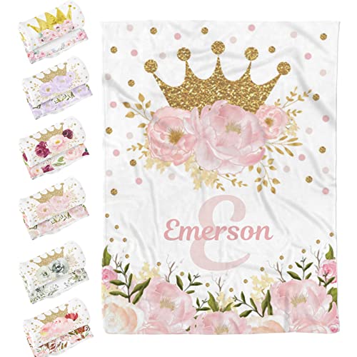 Sweewind Personalized Baby Blankets for Boys and Girl Custom Baby Blanket for Girls Boys Personalized Baby Blanket with Name Crown Floral Baby Blankets Personalized Blankets for Kids Customized