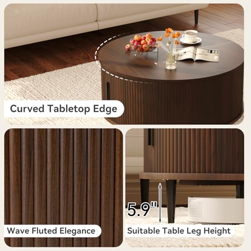 Image of Mid Century Fluted Round Coffee Table for Living Room, Brown | 31.5 inch Modern Coffee Table with Storage, Small Center Table with Flip-Top