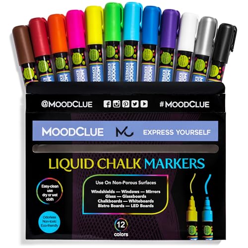 MoodClue Liquid chalk markers 12 neon erasable Whiteboards, glass boards, chalkboards, windows, mirrors, car windshields, auto, glass. Odorless, non-toxic. Wet or dry erase. Thick and thin tip