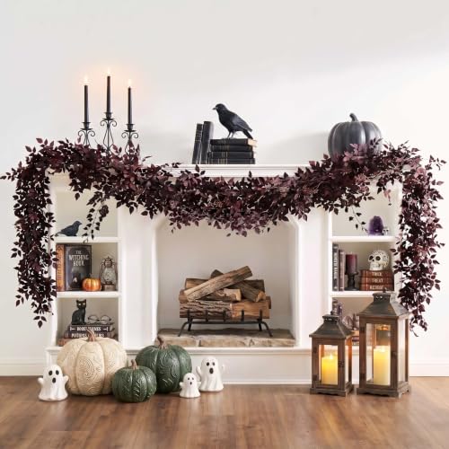 Image of Neutral Fall Garland for Mantle - 2 Pack 9Ft Plum Cimicifuga Seeded Leaf Garlands Purple Autumn Decor Fireplace and Table Decorations for Home Indoor Door Halloween Realistic Leaves Outdoor