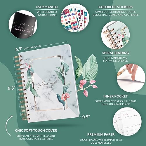 PLANBERRY Weekly Planner Premium – Undated Life Organizer & Budget Planner – Time Management, Goal Setting, To-Do List, Work-Life Balance & Habit Tracker – 6.9″ x 8.5″ (Natural Green)