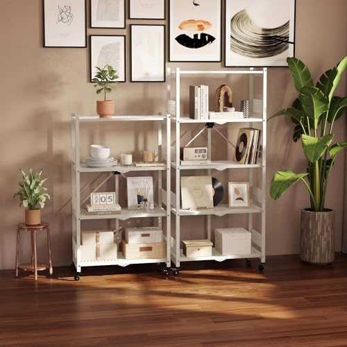 Image of WORKPRO 4-Tier Folding Shelf, No-Assembly Metal Storage Rack with Wheels, 600 lbs Capacity (with Leveling Feet), Collapsible Shelving Unit for Kitchen, Pantry, Closet & Craft Shows - White