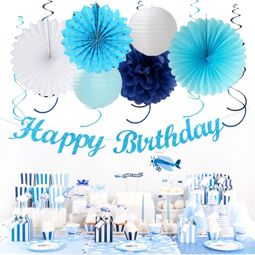 Image of Light-Royal Blue White Birthday Party-decorations - 21pcs Boys Men Ocean Happy Banner,Navy Dusty Paper Streamers Lanterns Honeycomb,tissue Pom Poms Fan,Nautical Adult Garland Supplies Decor Huglony