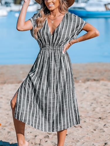 CUPSHE Women Beach Cover Up V Neck Short Sleeve Striped Midi Swimsuit Coverup Dress XS-XXL4