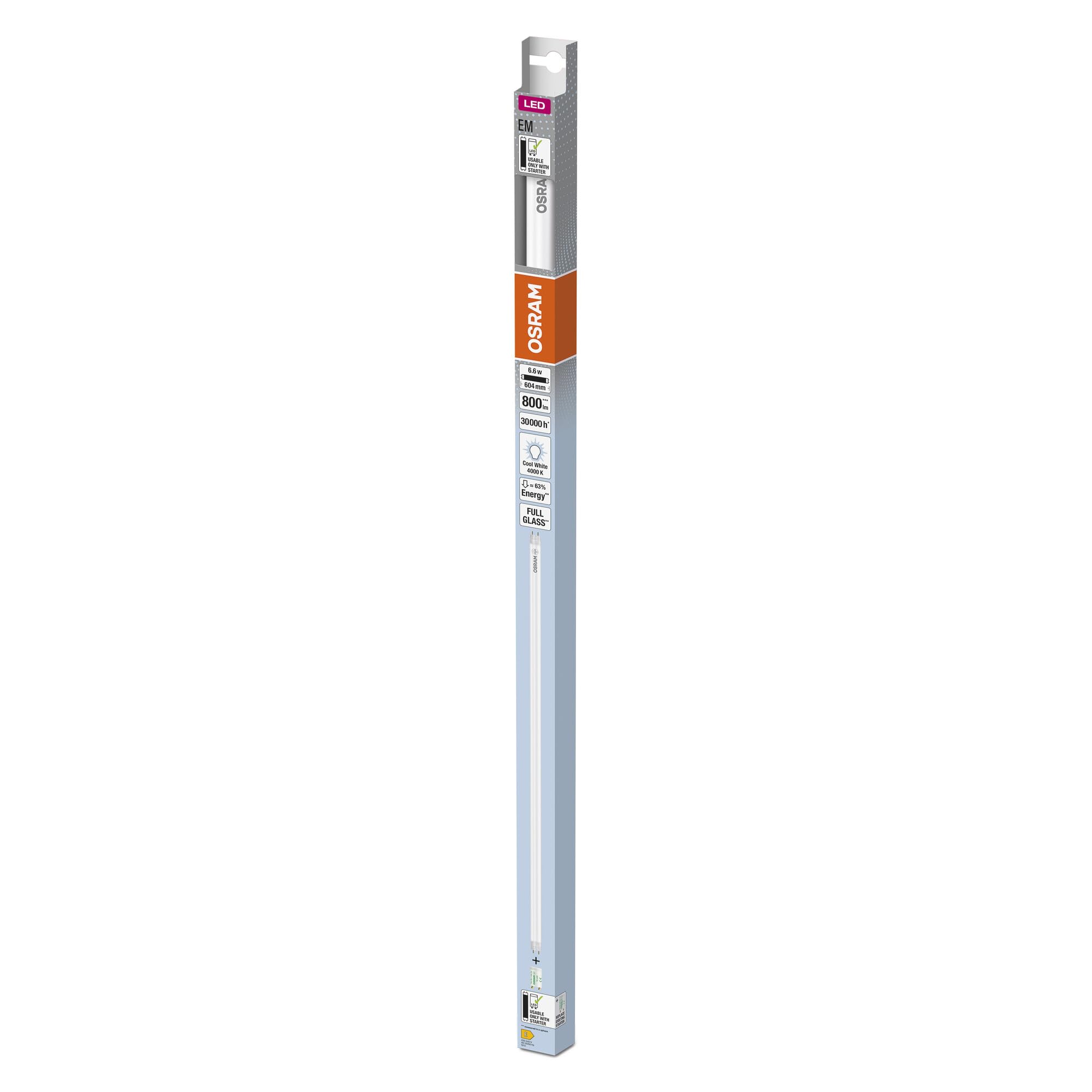 OSRAM LED TUBE T8 18 EM 600 mm, tubo LED lineare, 6.6W, 800lm, 4000K, luce bianca fredda, sostituzione LED per tubi fluorescenti T8 con attacco G13, lunga durata, basso consumo energetico