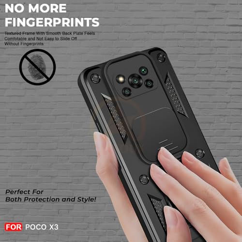 Image of Armor Bumper Back Cover Case for Poco X3 Rotating Camera Cover, Ring Holder & Kickstand | Heavy Duty & 360 Degree Protection Poco X3 Back Cover (Black)