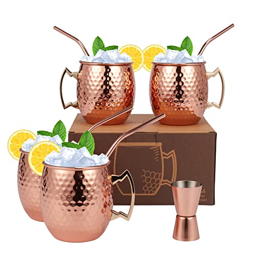 Moscow Mule Mugs Set of 9-20oz Hammered Moscow Mule Mugs Drinking Cup 304 Stainless Steel with 4 Straws-1 Jigger-Great Dining Entertaining bar Gift Set Mug Set of 4 (double jigger included)