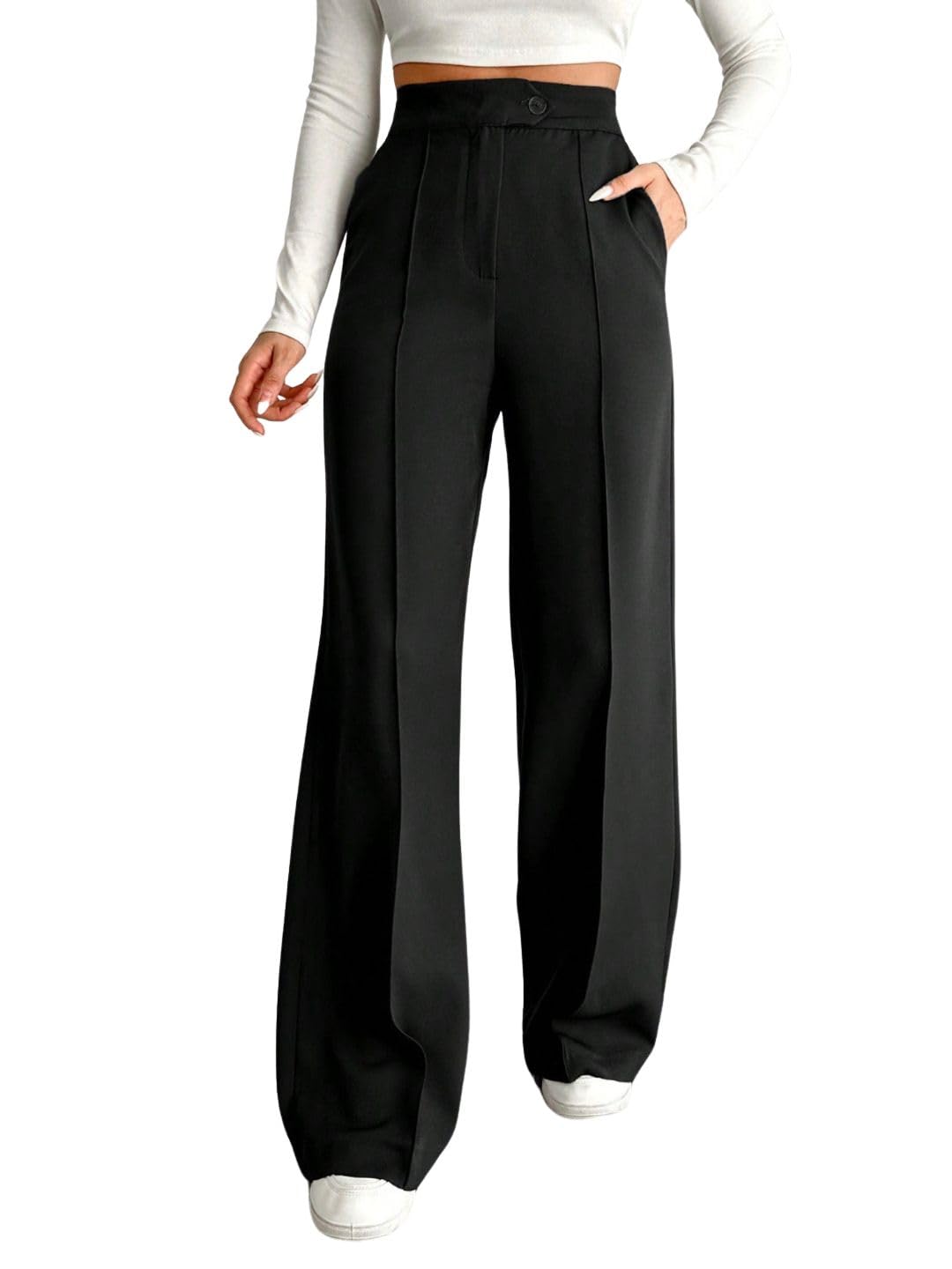 Pleated Full Length High-Rise Wide-Leg Black Women’s Formal Trouser Pants-image-18