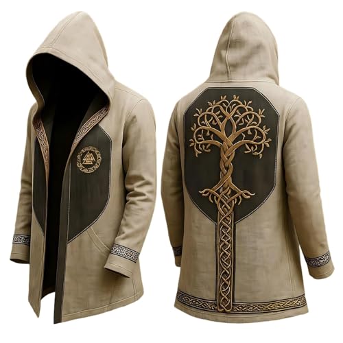 Generisch Cárdigan medieval para hombre estampado chaqueta con capucha impresa 3D chaqueta motera de longitud media mito nórdico sudadera con capucha vintage ropa de calle moderna chaqueta de