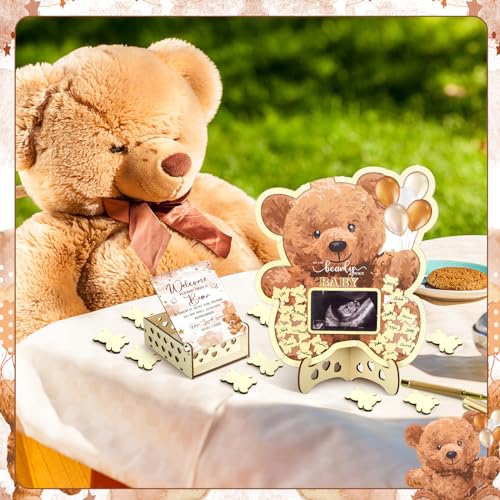Image of Wenqik 63 Pcs Brown Bear Baby Shower Guest Book Alternatives Set Baby Shower Decorations with Photo Frame Sonogram Frame Keepsake 60 Wood Slices Guest Book for Birthday