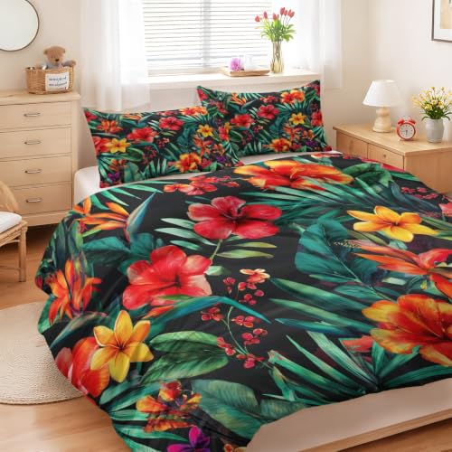 Housse de couette jungle 240x260 cm avec taies d'oreiller imprimées fleurs