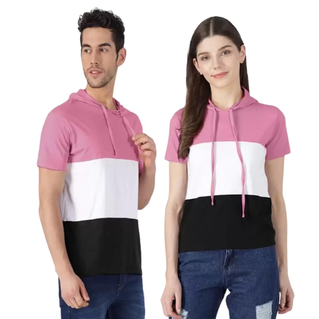 Couple Men & Women Colorblock Hooded Neck Cotton Blend Multicolor T-Shirt(XL)-image-1