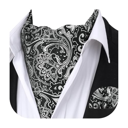 Image of HISDERN Ascot Ties for Men Paisley Floral Ascot and Pocket Square Set Classic Self Tie Mens Cravat Handkerchief for Wedding