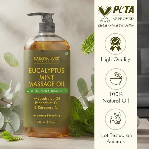 Image of MAJESTIC PURE Eucalyptus Mint Massage Oil for Massage Therapy - Refreshing, and Relaxing - Natural Oils with Eucalyptus Essential Oil - for All Skin Types - Men and Women Massage Lotion- 8 fl oz