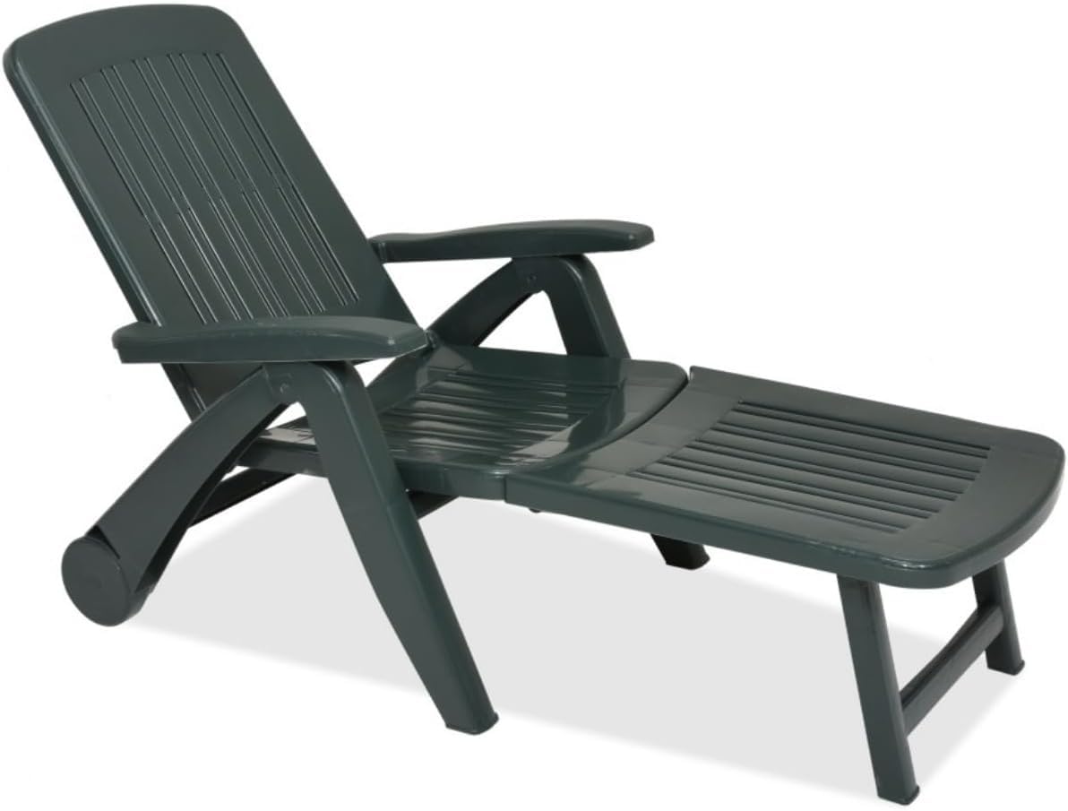 Tomaino Tumbona de plástico para jardín Sun – Respaldo ajustable, plegable con ruedas – Relax en camping, playa, piscina, para exterior (verde)