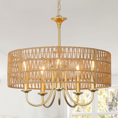 LAMSU Gold Chandelier Light Fixtures, 5-Light Large Boho Rattan Pendant
