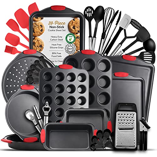 Image of Baking Pan Set, 39 Piece Premium Baking Set, Nonstick Bakeware Sets BPA Free, Cookie Sheets for Baking Nonstick Set, Steel Baking Sheets for Oven with Muffin Pan, Cake Pan & Kitchen Utensils - Black