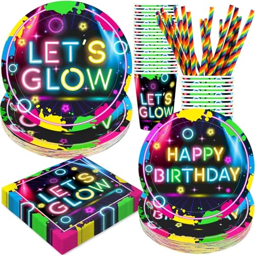 Glow Neon Birthday Party Supplies, 120Pcs Let's Glow Birthday Party...