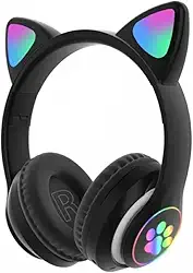 Fone De Ouvido Com Orelha de Gatinho Infantil Headphone Bluetooth com Luzes RGB para crianças tamanho ajustável dobrável (Preto)