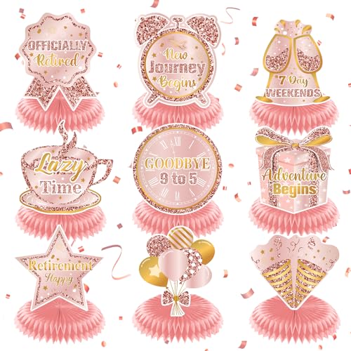 9Pcs Rose Gold Retirement Party Decorations for Women Rose Gold Retirement Table Honeycomb Centerpieces for Table Decor Happy Retirement Table Topper Gift for Women Men Office Farewell Party Supplies