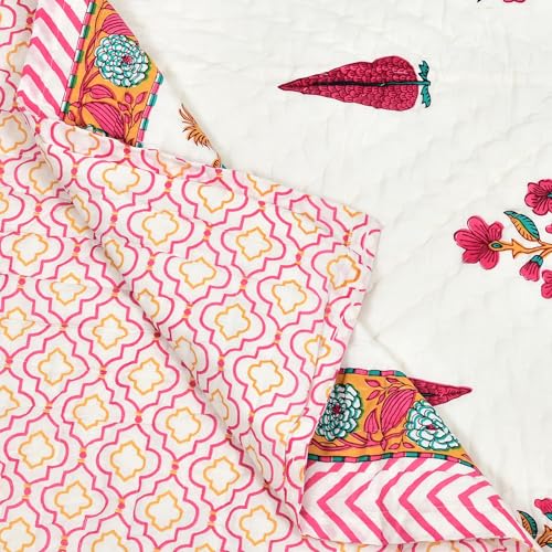 Image of BLOCKS OF INDIA Hand Block Printed Cotton King Size Quilt /Rajai (90 inch X 108 inch) (Pink Rose)