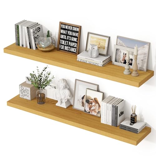 Image of 48 Inch Floating Shelves, 12 Inch Deep Floating Shelves for Wall, Extra Deeper & Thicker Wooden Wall Shelf with Invisible Brackets, Shelf for Bedroom Living Room Home Decor(Oak, Set of 2)