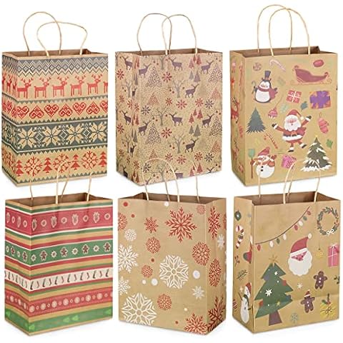Medium Christmas Kraft Gift Bags 24 Count Assorted Styles Bags Xmas Paper Bags with Handles Christmas Goody Bags with Christmas Prints for Xmas Gift Wrapping Christmas Party Supplies Cover