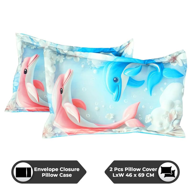 Image of Akshya 7D Digital Printed Glace Cotton Double Bed Sheet with 2 Pillow Covers - 300 TC King Size Bedsheet (90 x 100 inches, Blue Dolphin Cartoon Print