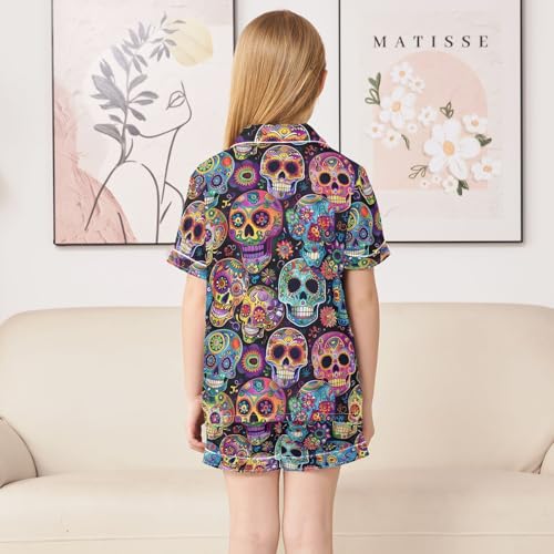 ALAZA Sugar Skull Flower Floral Black Satin Pajamas Set Short Sleeve Button Down Sleepwear Summer Pjs 2 Piece4
