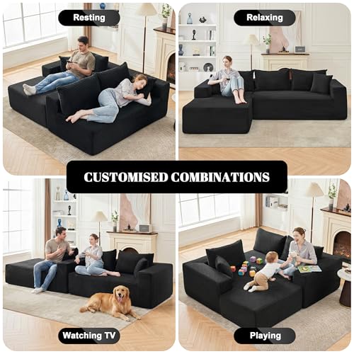 Image of Mangodan 110 inch Cloud Sectional Couch, Boneless Sofa for Living Room, Modular Sectional Sofa with Deep Seat, Comfy Fluffy Couch with L-Shaped Chaise, No Assembly Required (Left-Facing Chaise, Black)
