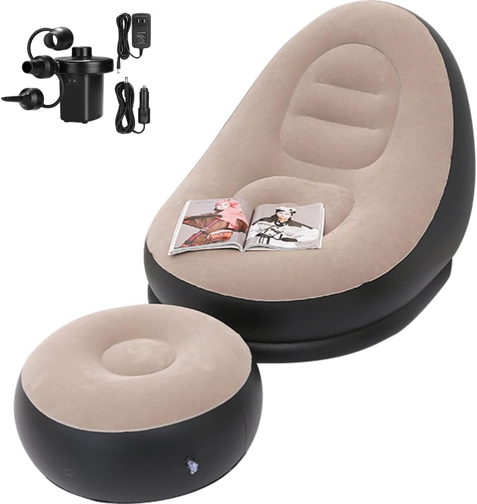 Delzon Inflatable Lounger Chair and Stool Set Large Blow Up Chairs Stylish Soft Plush Fabric Portable Beach Chairs for Traveling Picnic (with Air Pump)-image-17