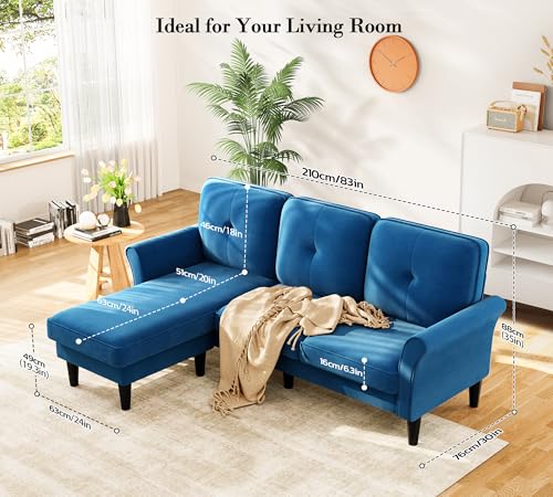 Image of Small Sectional Couch, 83 inch L Shaped Couch, Comfy Velvet Couches for Living Room, Tool-Free Setup Modular Sectional Sofa, 850lbs Load Sofas for Living Room with 1 Movable Ottoman, Blue Couch