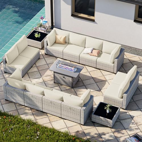 Image of Outdoor PE Wicker Rattan Modular Patio Sectional Sofa Set | 15-Piece: 12 Modular Seats, 2 Coffee Tables & 55,000 BTU Fire Pit Table, Ivory