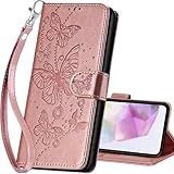 SASYMALY for Samsung Galaxy A36 5G Wallet case，Flip Folio Cover with Stand Feature for Women Men，PU Leather Phone Case Fit for Samsung Galaxy A36 5G [Rose Gold-Butterfly]