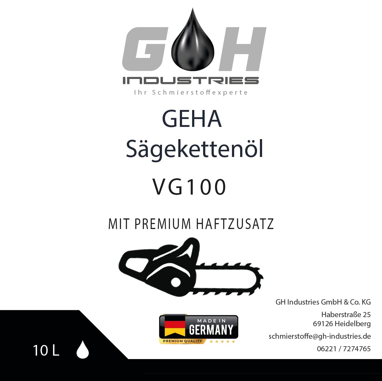 Sägekettenöl VG 100 | 10 L | Hochwertiges Kettenöl für Motorsägen | Starke Haftung & Verschleißschutz | kompatibel mit Stihl, Husqvarna, Makita & Dolmar| Profi Kettensägenöl | GEHA
