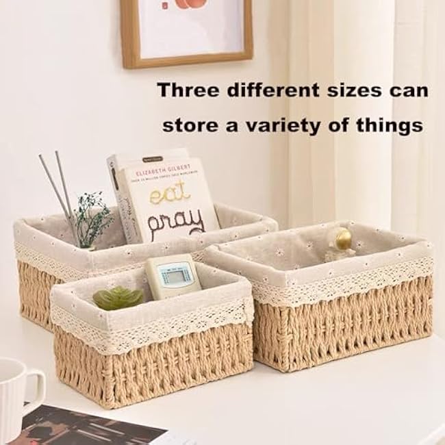 Wicker Baskets with Liner for Desk Organizing,Natural Paper Rope Basket Set,Hand Woven Pantry Table Organizer & Storage for Bedroom Living Room School Shelves Office Home D¨¦cor(3 Pack Beige)