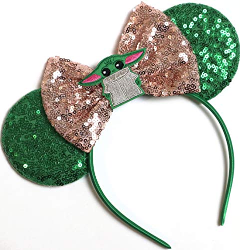 Image of CLGIFT Baby Yoda Minnie Ears,Pick your color, Star Wars Minnie Ears, Silver gold blue minnie ears, Rainbow Sparkle Mouse Ears,Classic Red Sequin Minnie Ears (Baby Yoda)