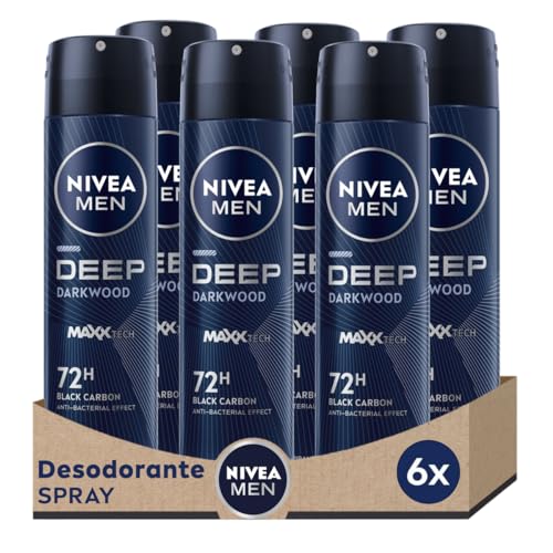 NIVEA MEN DEEP Darkwood Spray en pack de 6 (6 x 150 ml), desodorante de hombre con protección 72 h, desodorante antitranspirante para el cuidado masculino