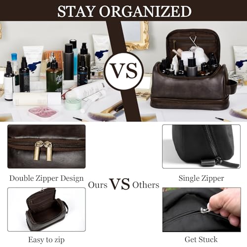 Travel Toiletry Bag for Men, Large Water-resistant Shaving Bag Toiletries Organizer, PU Leather Dopp Kit, with Hanging Hook, Multi-functional and Stylish, Ideal for Grooming, Travel, Camping, Gym2