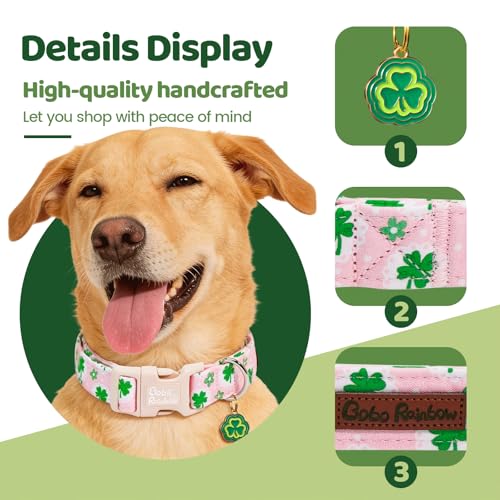 Image of St Patrick's Pink Four-Leaf Clover Dog Collar for Large Dogs | Daily Walks,Irish Parade,Spring Picnic Hiking,Adjustable,Soft Cotton Fabric,Quick Release Plastic Buckle,Pendant,Female Dog