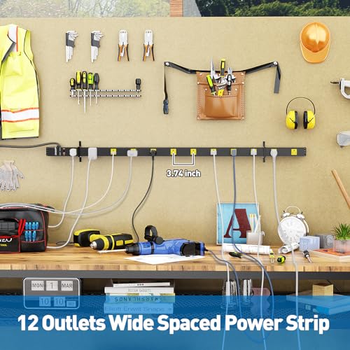 Image of 12 Outlet Long Power Strips Heavy Duty Wide-Spaced Outlets Industrial Power Strip Surge Protector with 4ft Cord for Garage Workshop Office Home, ETL Certified, 1875W, Black