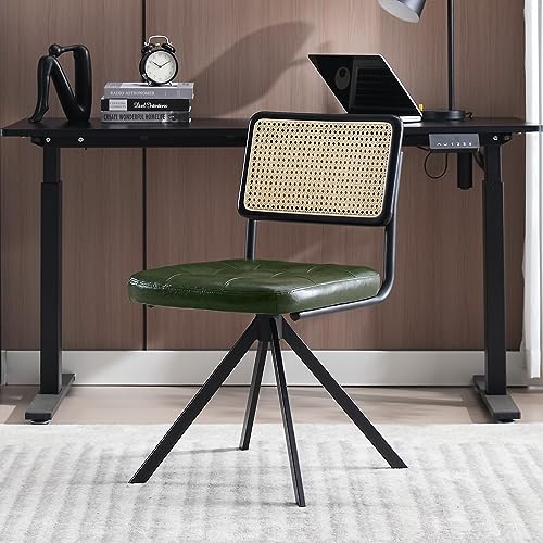 Image of Zesthouse Rattan Desk Chair No Wheels, Mid Century Modern Home Office Chair with Cane Mesh & Wooden Back, Vintage Faux Leather Swivel Accent Chair, Upholstered Armless Computer Task Chair,Green