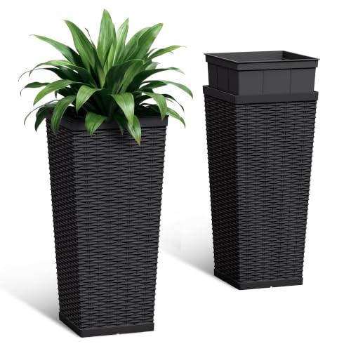 Acurax 24 Inch Tall Plastic Planters (Set of 2) Detachable Inner Pot & Drainage Holes Outdoor Decorative Flower Pots for Large Plants Trees Patio and Garden Black