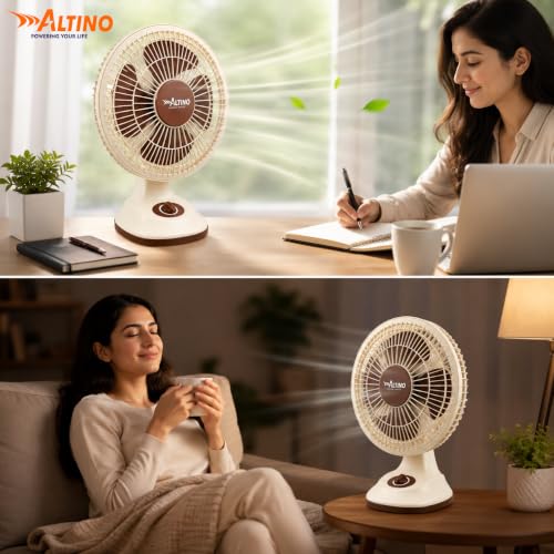 Image of Altino Premuim Powerful Oscillation Table Fan for Home & Office| High Air Delivery| Anti-Dust Decorative Star Rated Table Fan | 3 Speeds | Easy to Clean, 1 Yr Warranty (White Cream, 12 Inch)