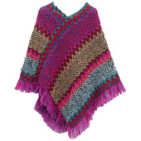 Avilego Women's Retro Ethnic Hedging Cape Shawl Christmas Poncho Tassel Shawl, Rose, One Size Cover